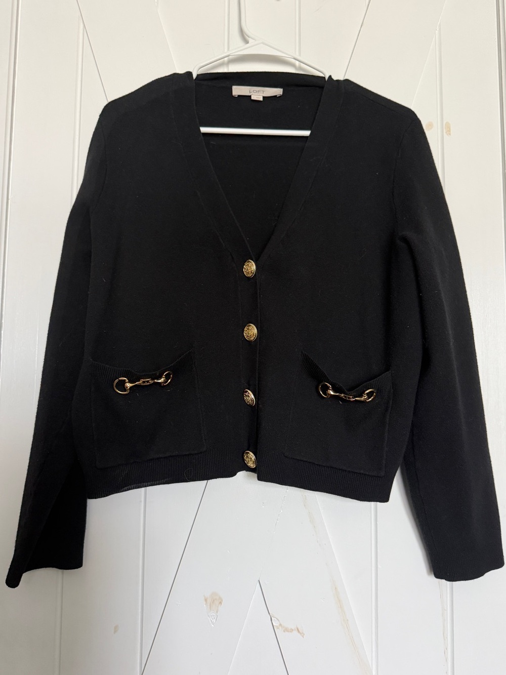 Ann Taylor Black V-Neck Cardigan with Gold Hardware